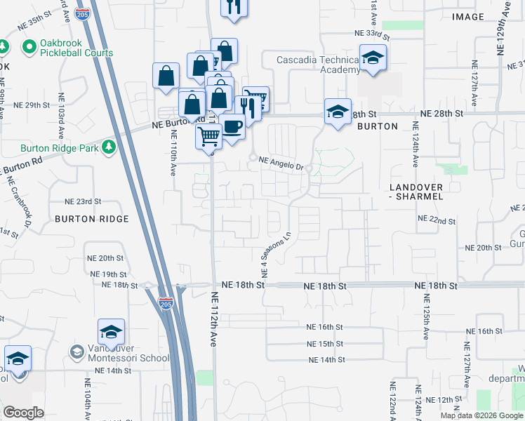 map of restaurants, bars, coffee shops, grocery stores, and more near 2222 Northeast 115th Court in Vancouver