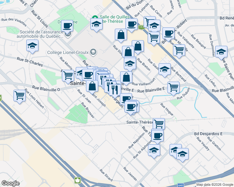 map of restaurants, bars, coffee shops, grocery stores, and more near Rue Forget in Sainte-Thérèse