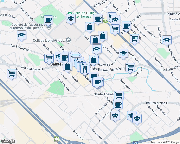 map of restaurants, bars, coffee shops, grocery stores, and more near 9 Rue Forget in Sainte-Thérèse