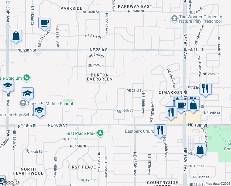 map of restaurants, bars, coffee shops, grocery stores, and more near 2220 Northeast 153rd Avenue in Vancouver