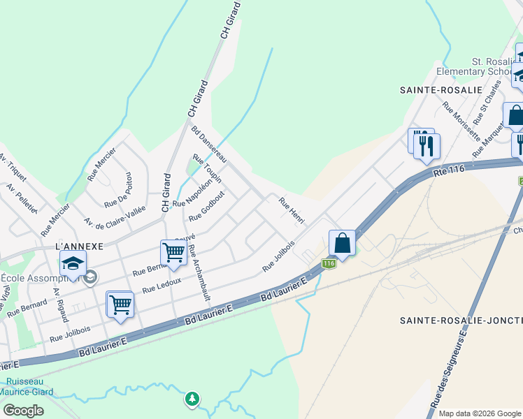 map of restaurants, bars, coffee shops, grocery stores, and more near 12940 Avenue Frégeau in Saint-Hyacinthe