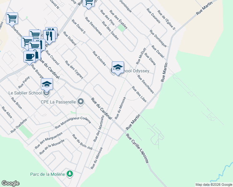 map of restaurants, bars, coffee shops, grocery stores, and more near 674 Rue des Martinets in Saint-Amable