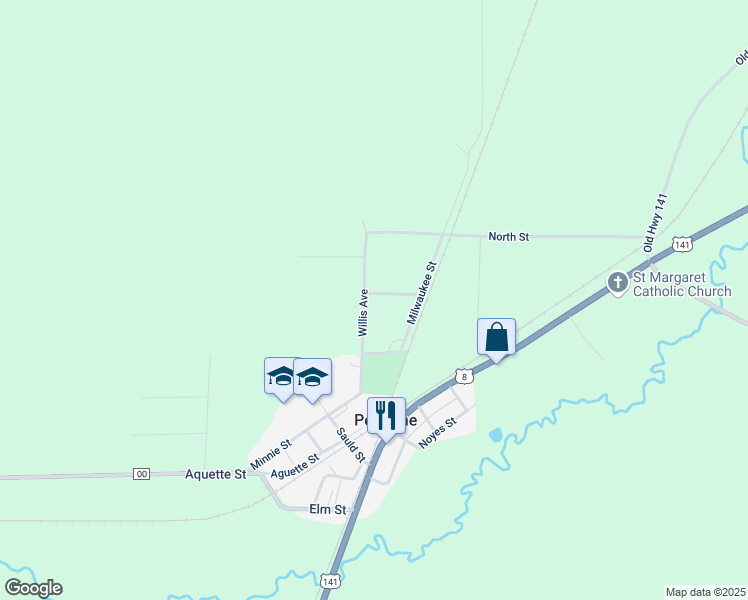 map of restaurants, bars, coffee shops, grocery stores, and more near N18844 Willis Avenue in Pembine