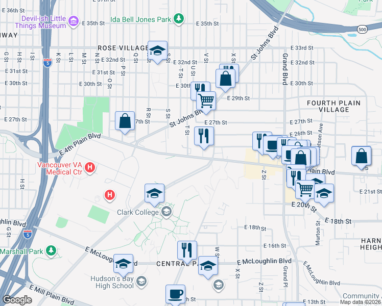 map of restaurants, bars, coffee shops, grocery stores, and more near 2008 East 4th Plain Boulevard in Vancouver