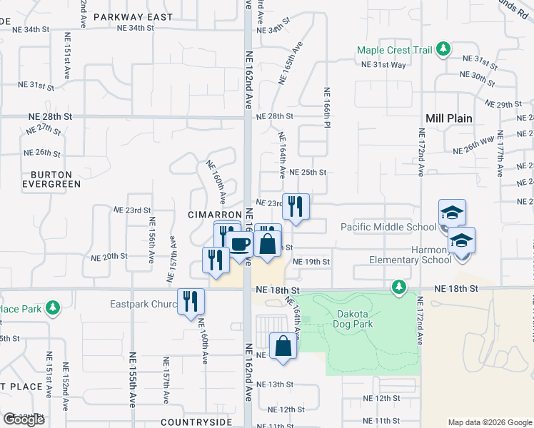 map of restaurants, bars, coffee shops, grocery stores, and more near 16335 Northeast 23rd Street in Vancouver