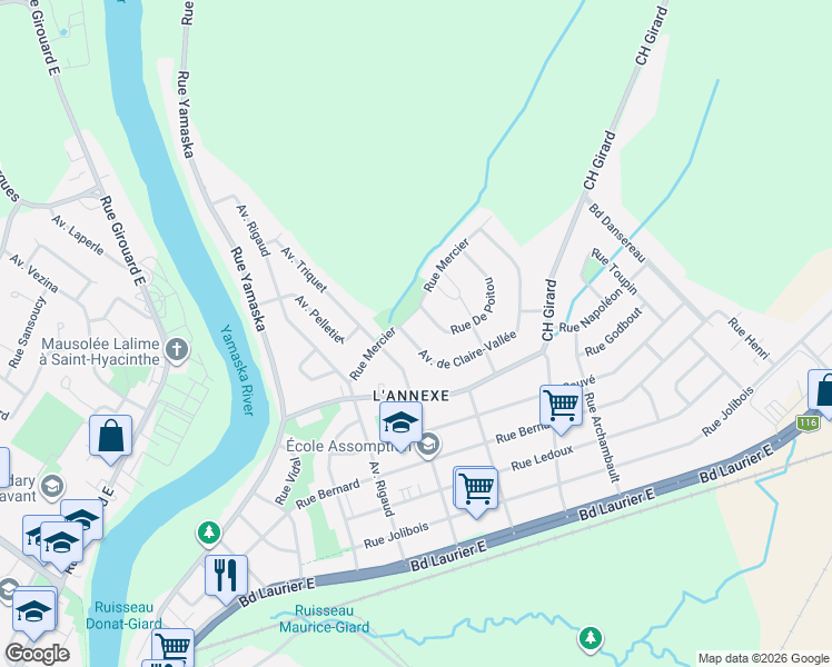 map of restaurants, bars, coffee shops, grocery stores, and more near 12283 Avenue de Claire-Vallée in Saint-Hyacinthe