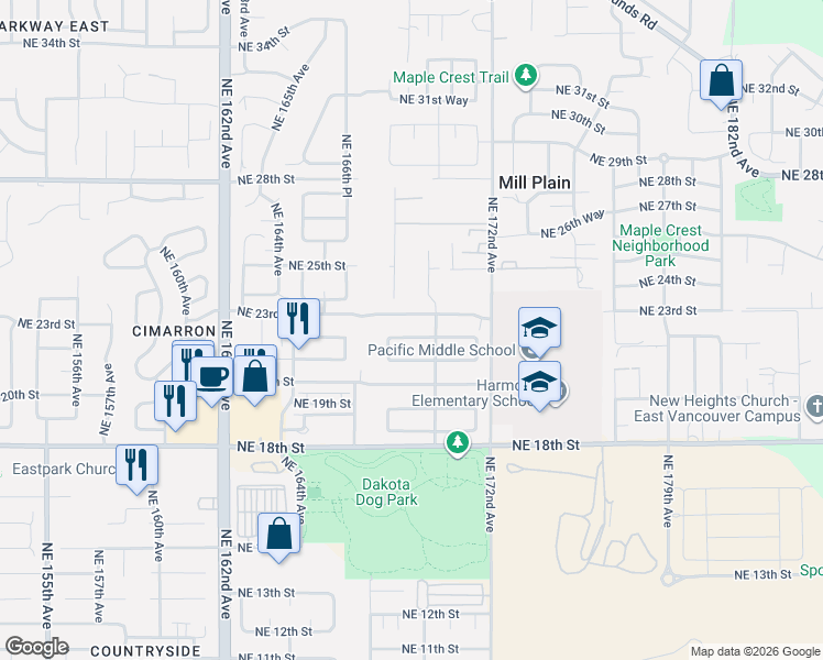 map of restaurants, bars, coffee shops, grocery stores, and more near 16910 Northeast 22nd Street in Vancouver