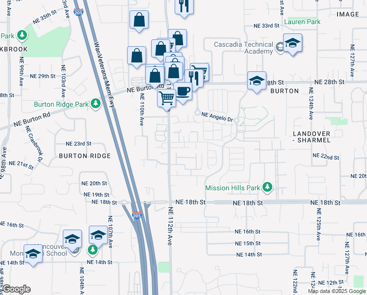map of restaurants, bars, coffee shops, grocery stores, and more near 11319 Northeast 23rd Street in Vancouver