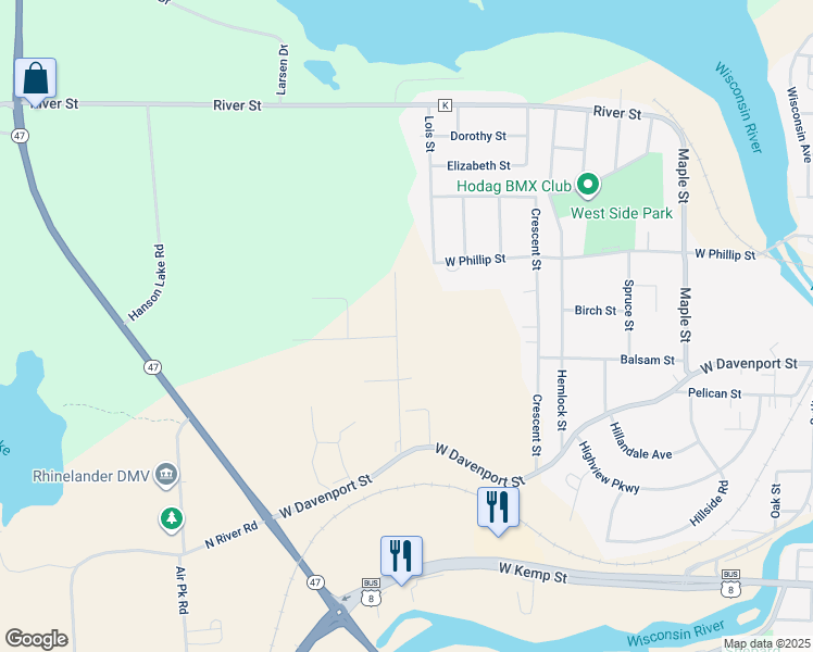 map of restaurants, bars, coffee shops, grocery stores, and more near 209 West Hill Road in Rhinelander