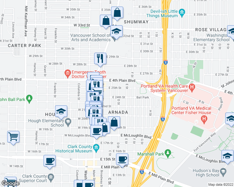 map of restaurants, bars, coffee shops, grocery stores, and more near 2410 D St in Vancouver