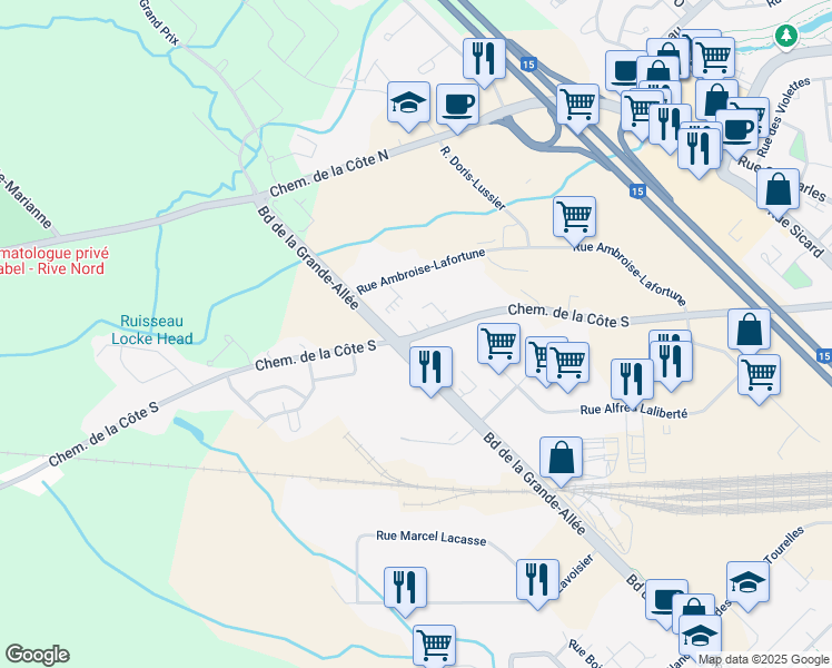 map of restaurants, bars, coffee shops, grocery stores, and more near 146 Chemin de la Côte Sud in Boisbriand
