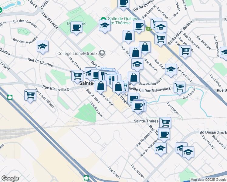 map of restaurants, bars, coffee shops, grocery stores, and more near 16A Rue Turgeon in Sainte-Thérèse