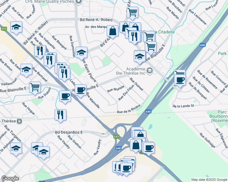 map of restaurants, bars, coffee shops, grocery stores, and more near 309 Rue Wurtele in Sainte-Thérèse