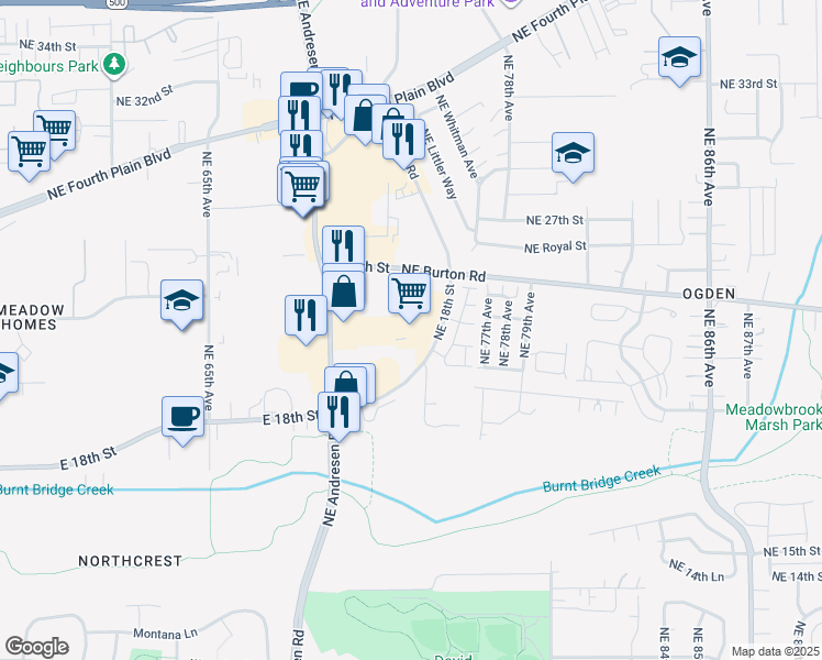 map of restaurants, bars, coffee shops, grocery stores, and more near 2101 Northeast Andresen Road in Vancouver