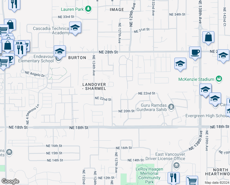 map of restaurants, bars, coffee shops, grocery stores, and more near 2207 Northeast 126th Avenue in Vancouver