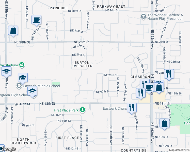 map of restaurants, bars, coffee shops, grocery stores, and more near 2220 Northeast 153rd Avenue in Vancouver