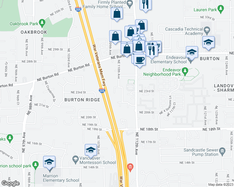 map of restaurants, bars, coffee shops, grocery stores, and more near 2215 Northeast 109th Court in Vancouver