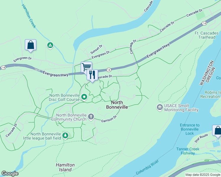map of restaurants, bars, coffee shops, grocery stores, and more near 713 Chinook in North Bonneville