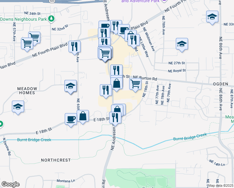 map of restaurants, bars, coffee shops, grocery stores, and more near 2265 Northeast Andresen Road in Vancouver
