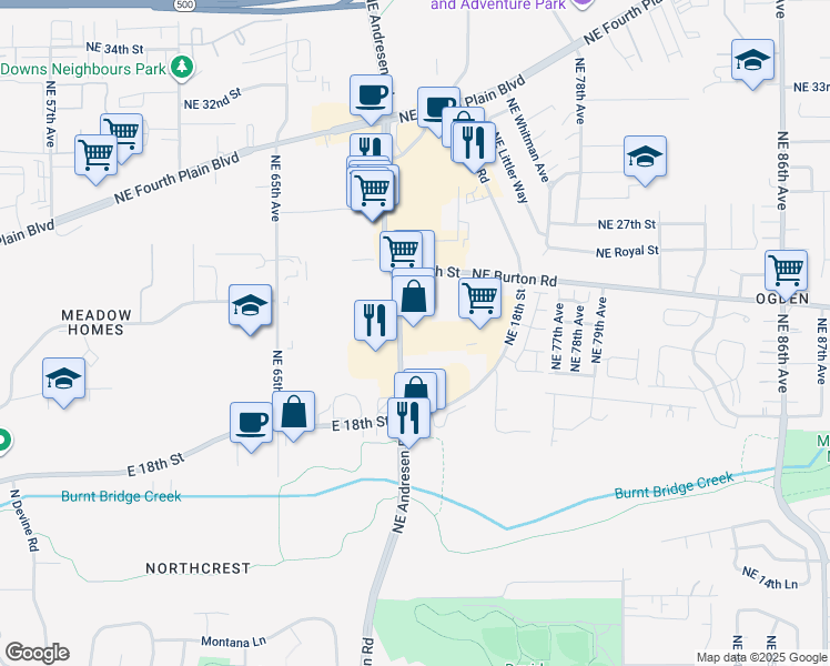 map of restaurants, bars, coffee shops, grocery stores, and more near 2265 Northeast Andresen Road in Vancouver