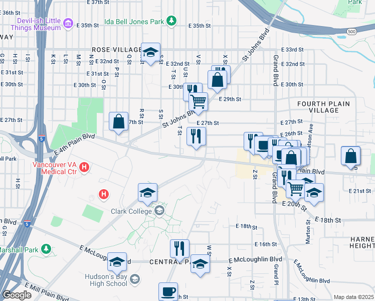 map of restaurants, bars, coffee shops, grocery stores, and more near 2010 East 4th Plain Boulevard in Vancouver
