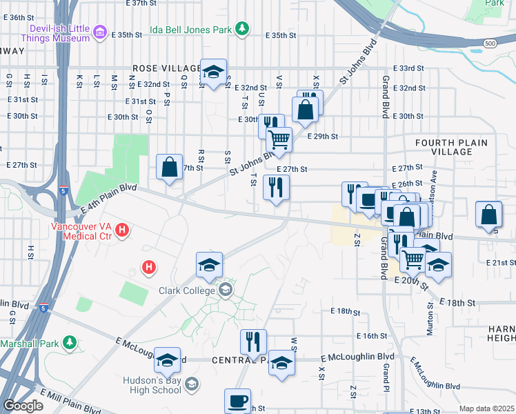 map of restaurants, bars, coffee shops, grocery stores, and more near 2010 East 4th Plain Boulevard in Vancouver