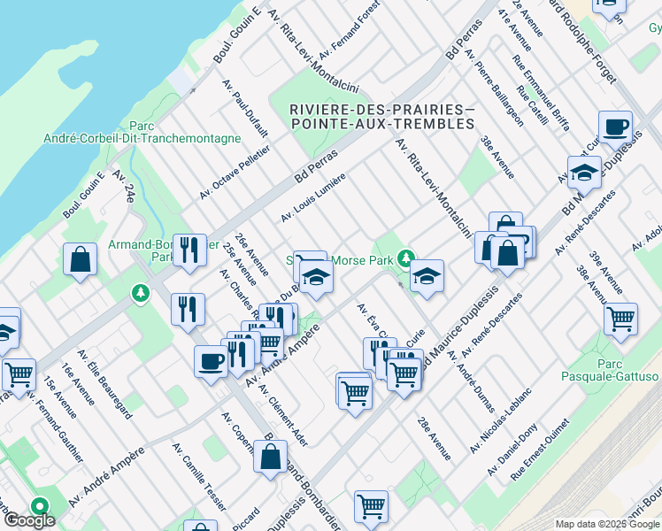 map of restaurants, bars, coffee shops, grocery stores, and more near 8340 Rue Duberger in Montréal