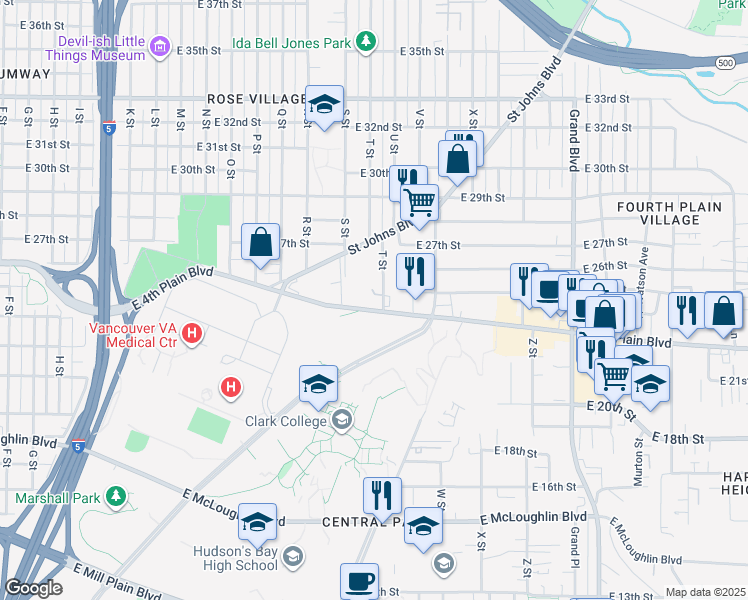 map of restaurants, bars, coffee shops, grocery stores, and more near 2400 T Street in Vancouver