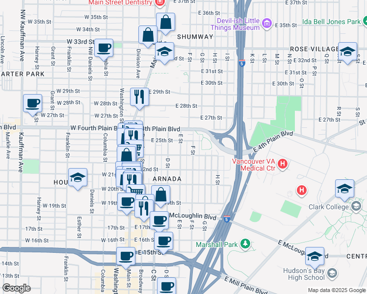 map of restaurants, bars, coffee shops, grocery stores, and more near 2415 E Street in Vancouver