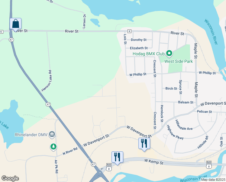 map of restaurants, bars, coffee shops, grocery stores, and more near 209 West Hill Road in Rhinelander
