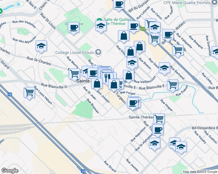 map of restaurants, bars, coffee shops, grocery stores, and more near 16A Rue Turgeon in Sainte-Thérèse