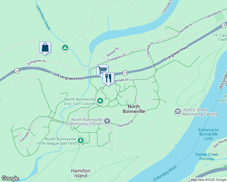 map of restaurants, bars, coffee shops, grocery stores, and more near 32 CBD Mall Drive in North Bonneville