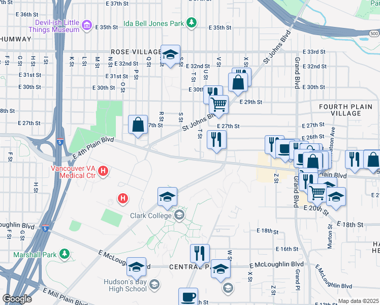 map of restaurants, bars, coffee shops, grocery stores, and more near 2400 T Street in Vancouver