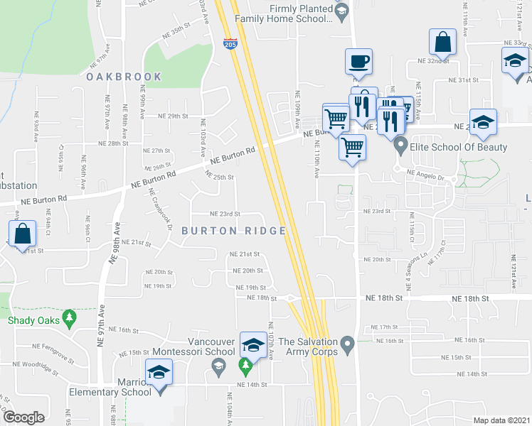 map of restaurants, bars, coffee shops, grocery stores, and more near 2223 Northeast 106th Avenue in Vancouver
