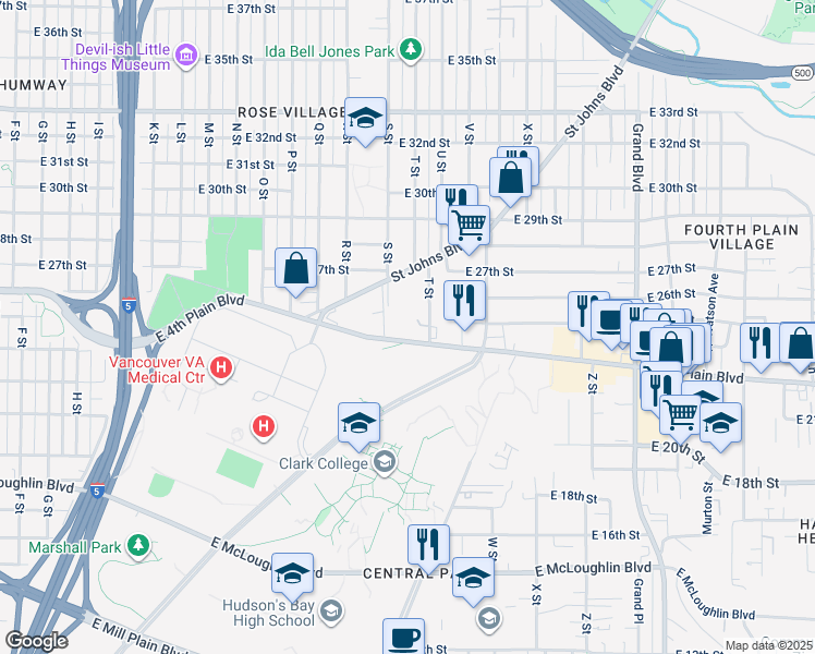 map of restaurants, bars, coffee shops, grocery stores, and more near 2400 T Street in Vancouver