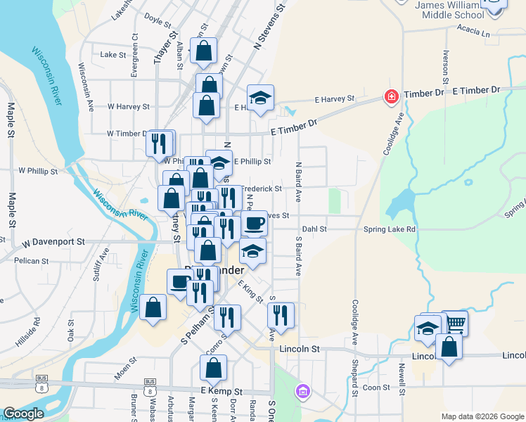 map of restaurants, bars, coffee shops, grocery stores, and more near 117 East Rives Street in Rhinelander