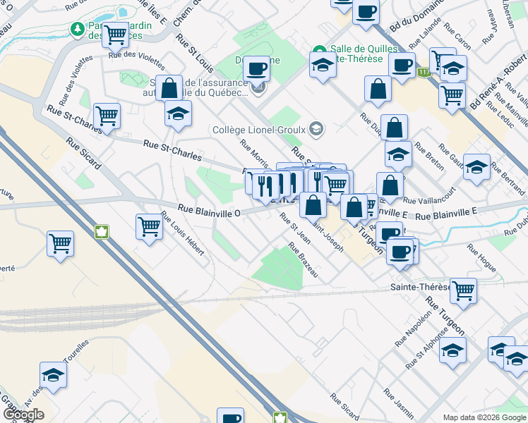 map of restaurants, bars, coffee shops, grocery stores, and more near 67 Rue Blainville Ouest in Sainte-Thérèse