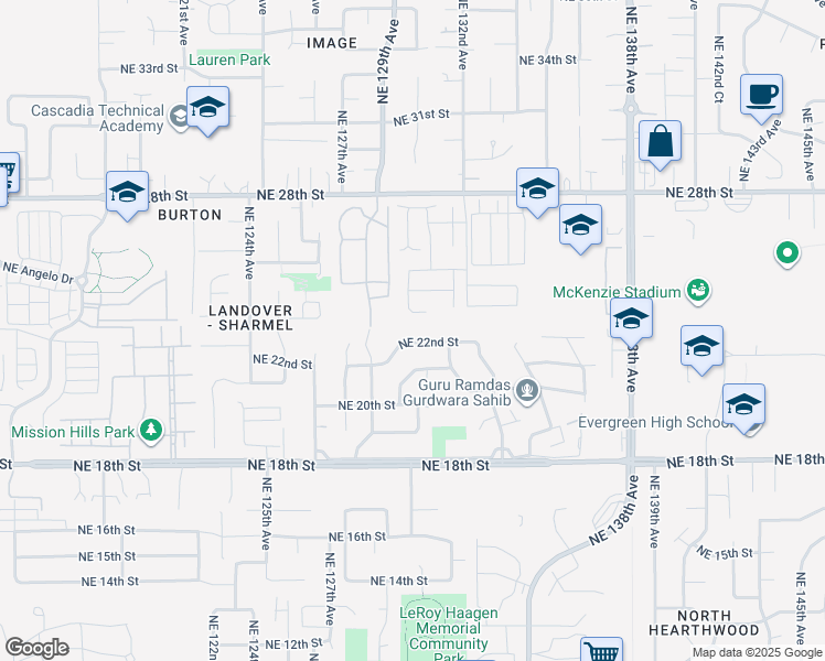 map of restaurants, bars, coffee shops, grocery stores, and more near 12912 Northeast 22nd Street in Vancouver