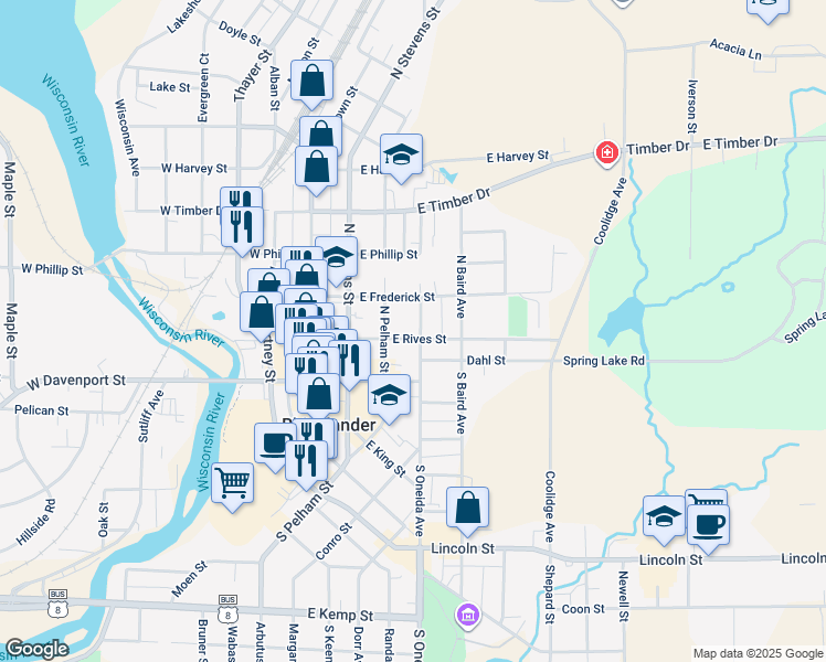 map of restaurants, bars, coffee shops, grocery stores, and more near 117 East Rives Street in Rhinelander
