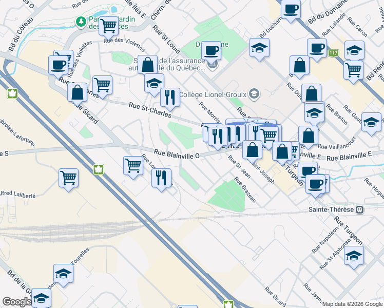 map of restaurants, bars, coffee shops, grocery stores, and more near 110 Rue Blainville Ouest in Sainte-Thérèse