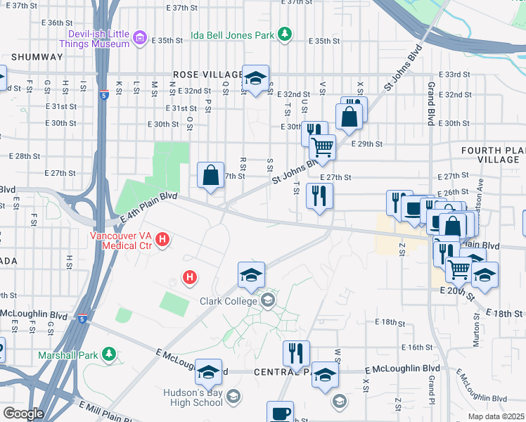 map of restaurants, bars, coffee shops, grocery stores, and more near 1818 East 4th Plain Boulevard in Vancouver
