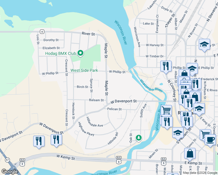 map of restaurants, bars, coffee shops, grocery stores, and more near 138 Maple Street in Rhinelander