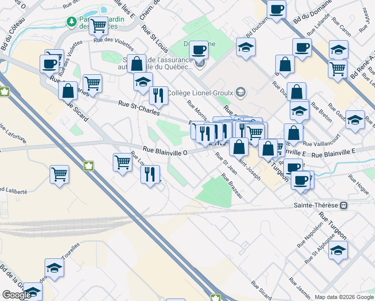 map of restaurants, bars, coffee shops, grocery stores, and more near 96 Rue Blainville Ouest in Sainte-Thérèse