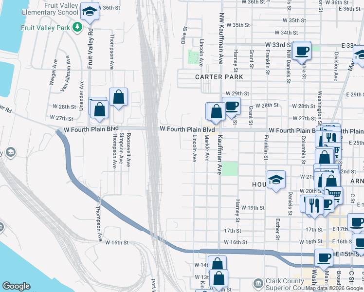map of restaurants, bars, coffee shops, grocery stores, and more near 1401 West Fourth Plain Boulevard in Vancouver