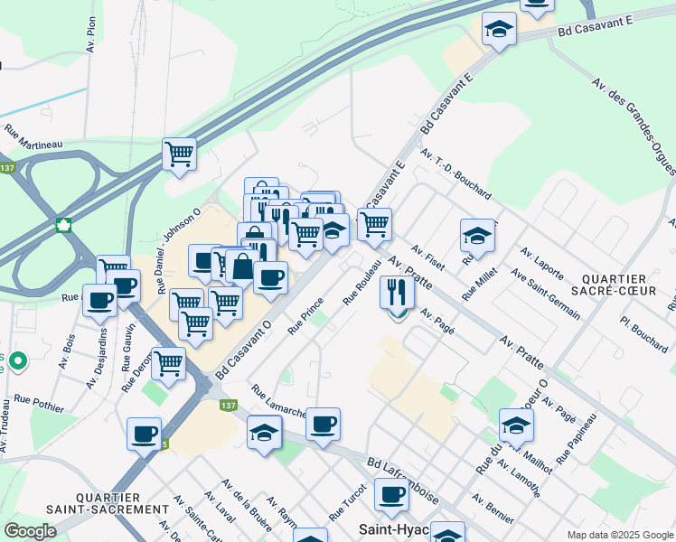 map of restaurants, bars, coffee shops, grocery stores, and more near 625 Boulevard Casavant Ouest in Saint-Hyacinthe