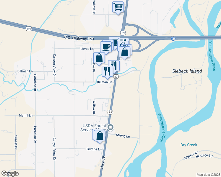 map of restaurants, bars, coffee shops, grocery stores, and more near 2221 Willow Drive in Livingston