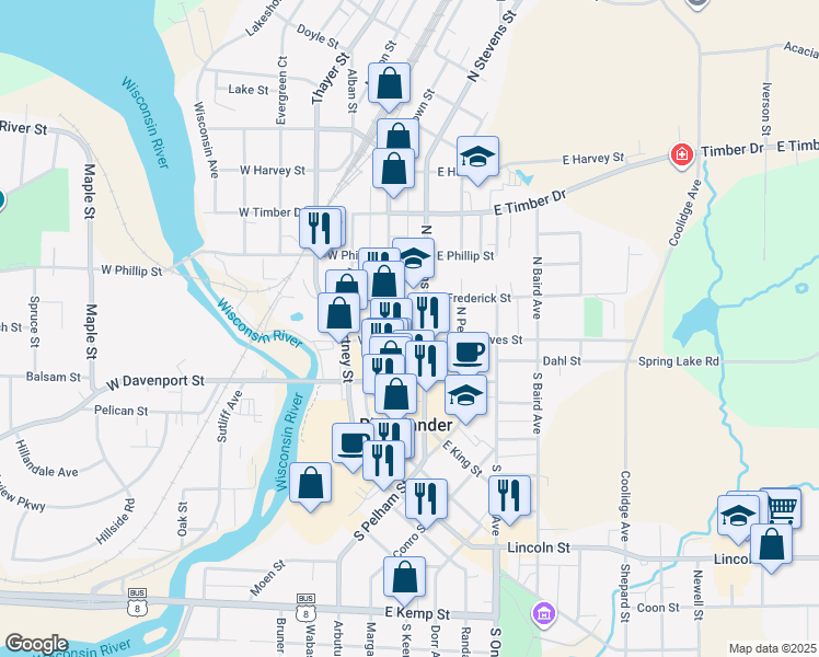 map of restaurants, bars, coffee shops, grocery stores, and more near 24 West Rives Street in Rhinelander