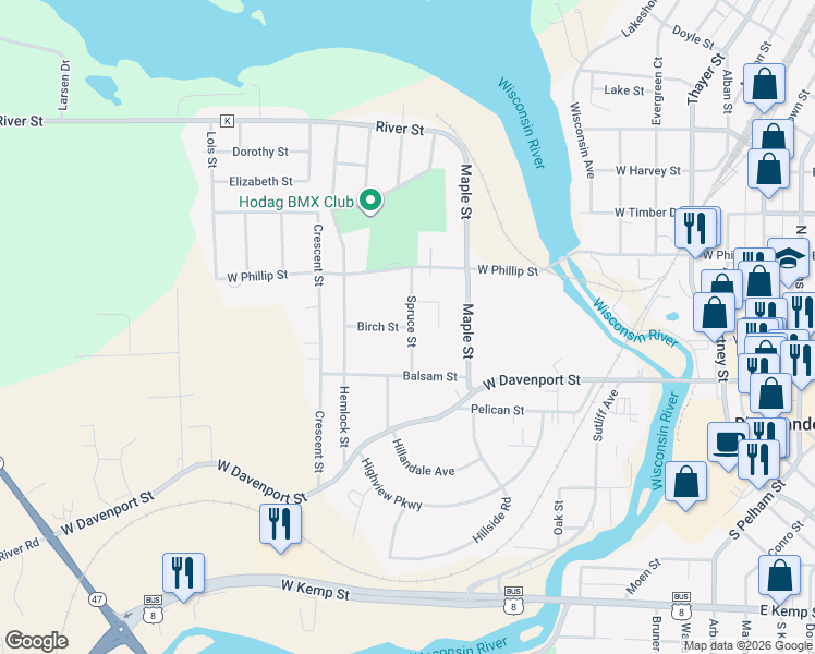 map of restaurants, bars, coffee shops, grocery stores, and more near 707 Birch Street in Rhinelander