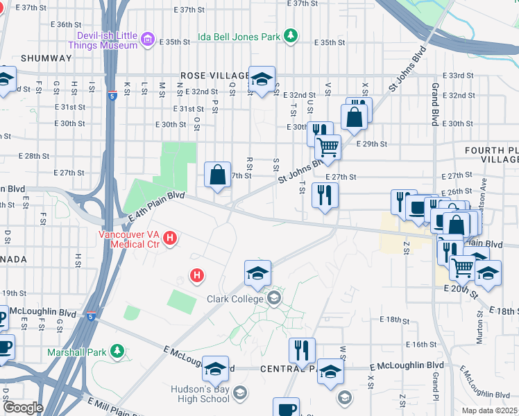 map of restaurants, bars, coffee shops, grocery stores, and more near 1818 East 4th Plain Boulevard in Vancouver