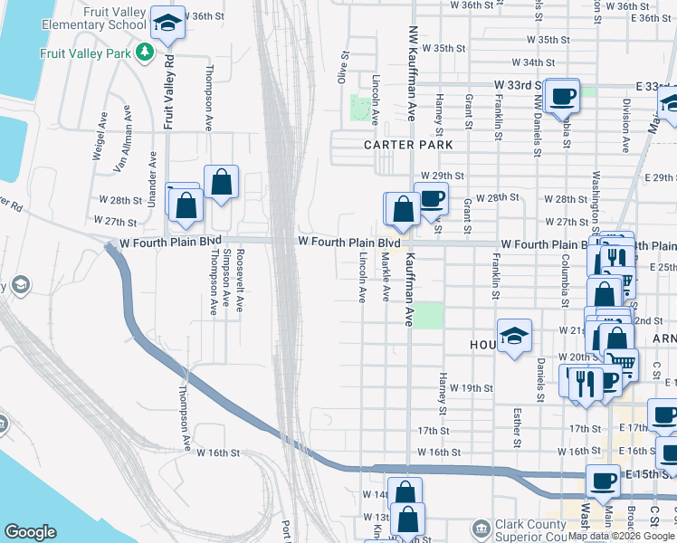 map of restaurants, bars, coffee shops, grocery stores, and more near 1401 West Fourth Plain Boulevard in Vancouver